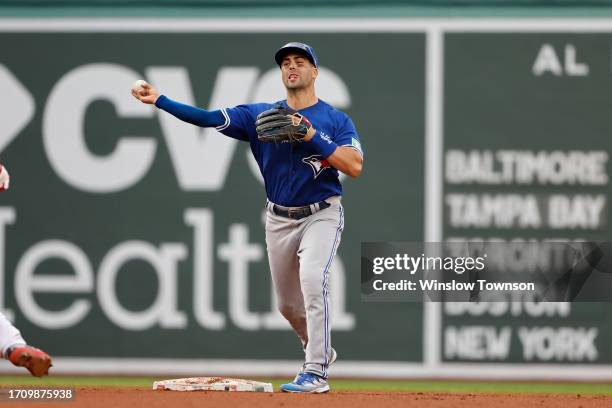 Paul DeJong of the Toronto Blue Jays throws to first against the Boston Red Sox during the ninth inning at Fenway Park on August 5, 2023 in Boston,...