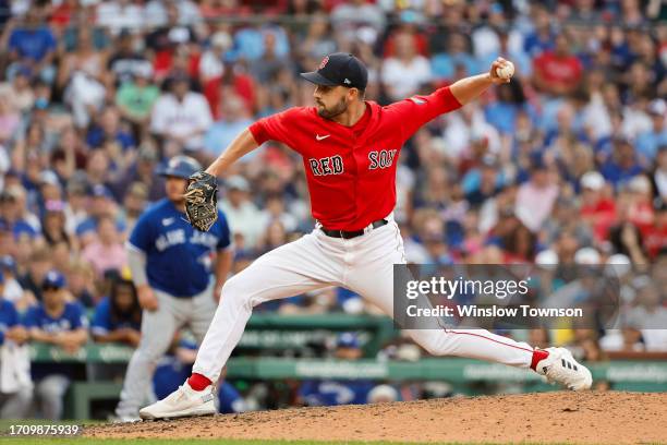 Joe Jacques of the Boston Red Sox pitches against the Toronto Blue Jays during the ninth inning at Fenway Park on August 5, 2023 in Boston,...