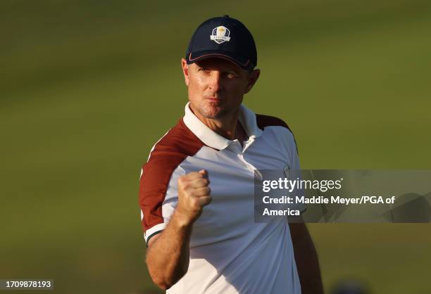 Justin Rose of Team Europe celebrates on the 14th green during the Saturday afternoon fourball matches of the 2023 Ryder Cup at Marco Simone Golf...