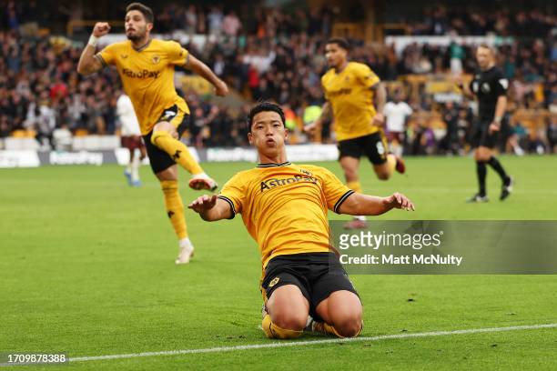 Hwang Hee-Chan of Wolverhampton Wanderers celebrates after scoring the team's second goal during the Premier League match between Wolverhampton...