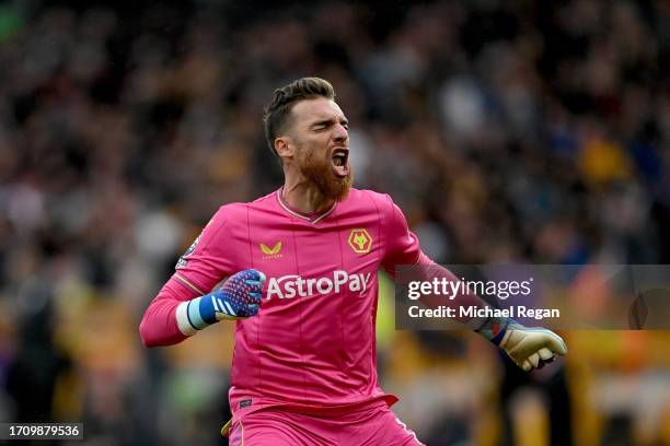 Jose Sa celebrates after Hwang Hee-Chan of Wolverhampton Wanderers scored their sides second goal during the Premier League match between...