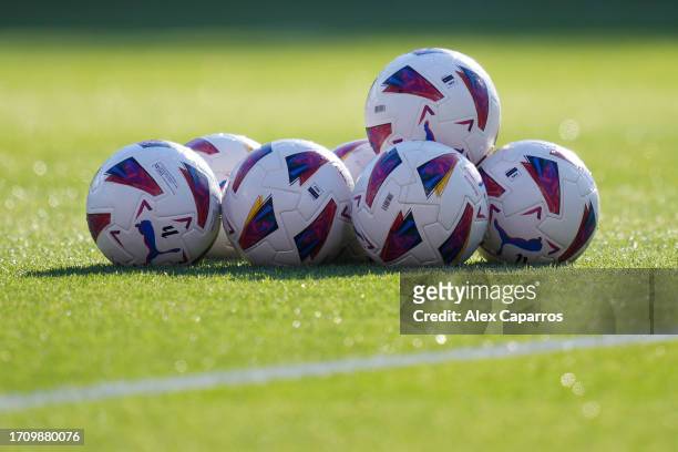 Detailed view of match balls on the pitch prior to the LaLiga EA Sports match between Girona FC and Real Madrid CF at Montilivi Stadium on September...