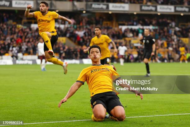 Hwang Hee-Chan of Wolverhampton Wanderers celebrates after scoring the team's second goal during the Premier League match between Wolverhampton...