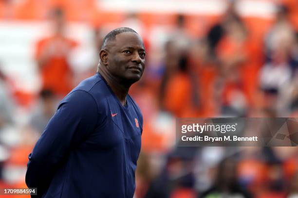 Head Coach Dino Babers of the Syracuse Orange looks on prior to a game against the Clemson Tigers at JMA Wireless Dome on September 30, 2023 in...