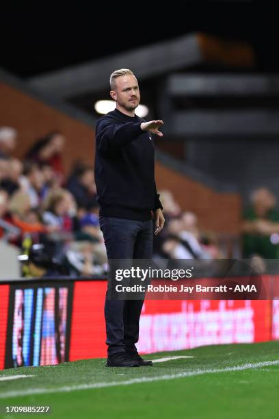 Jonas Eidevall the head coach / manager of Arsenal Women during the Barclays Womens Super League match between Manchester United and Arsenal FC at...