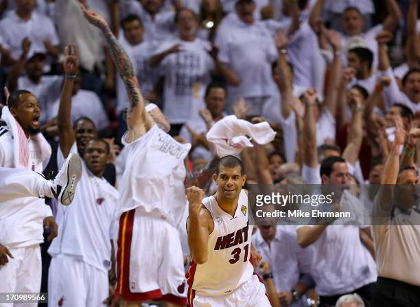 Shane Battier of the Miami Heat reacts after making a three-pointer in the fourth quarter against the San Antonio Spurs during Game Seven of the 2013...