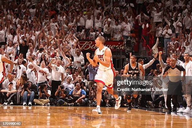 Shane Battier of the Miami Heat after hitting a three-point shot while playing against the San Antonio Spurs in Game Seven of the 2013 NBA Finals on...