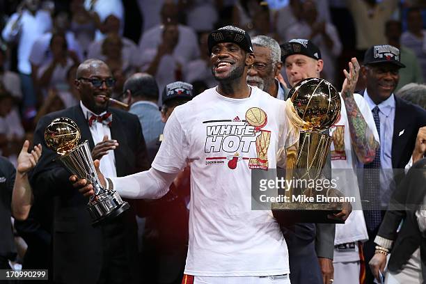 LeBron James of the Miami Heat celebrates after defeating the San Antonio Spurs 95-88 to win Game Seven of the 2013 NBA Finals at AmericanAirlines...