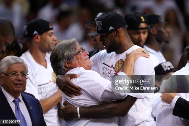 Owner Micky Arison and LeBron James of the Miami Heat celebrate after defeating the San Antonio Spurs 95-88 to win Game Seven of the 2013 NBA Finals...