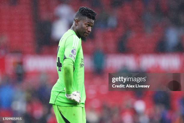 Andre Onana of Manchester United looks dejected at full-time following the Premier League match between Manchester United and Crystal Palace at Old...