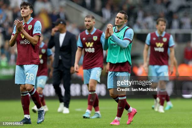 Connor Roberts of Burnley applauds the fans following the team's loss during the Premier League match between Newcastle United and Burnley FC at St....