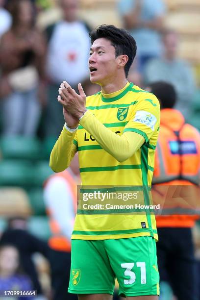 Ui Jo Hwang of Norwich City applauds the fans after the team's victory in the Sky Bet Championship match between Norwich City and Birmingham City at...