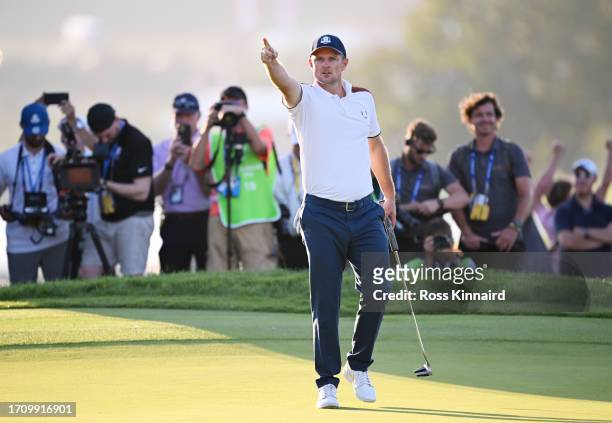 Justin Rose of Team Europe celebrates winning his match 3&2 during the Saturday afternoon fourball matches of the 2023 Ryder Cup at Marco Simone Golf...