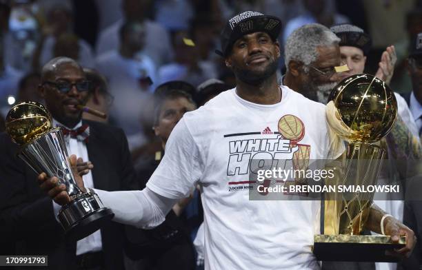 LeBron James of the Miami Heat celebrates winning Game 7 of the NBA Finals at the American Airlines Arena June 20, 2013 in Miami, Florida. The Miami...