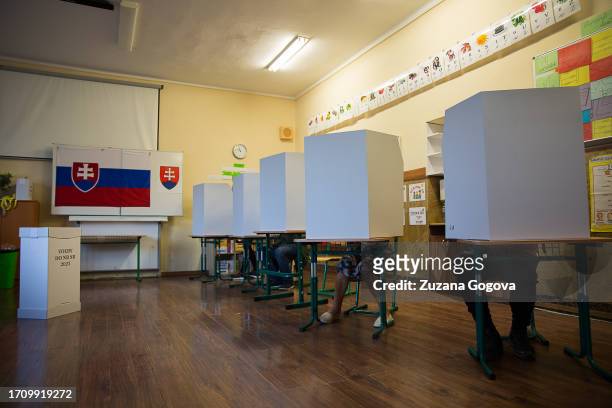 People cast their vote in Slovak parliamentary elections on September 30, 2023 in Bratislava, Slovakia. The election is mainly pitting the...