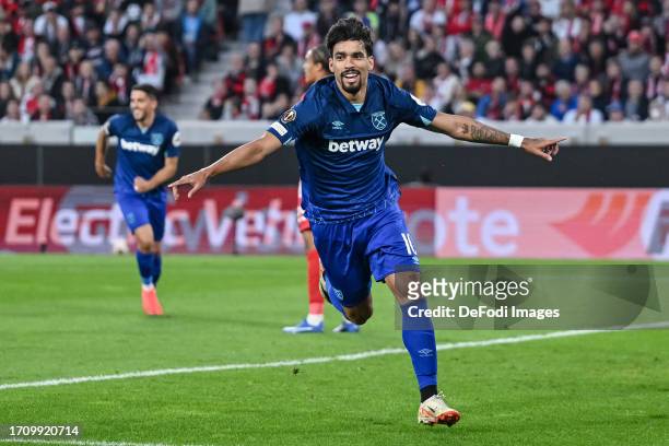 Lucas Paqueta of West Ham United FC celebrates after scoring his team's first goal during the UEFA Europa League match between Sport-Club Freiburg...