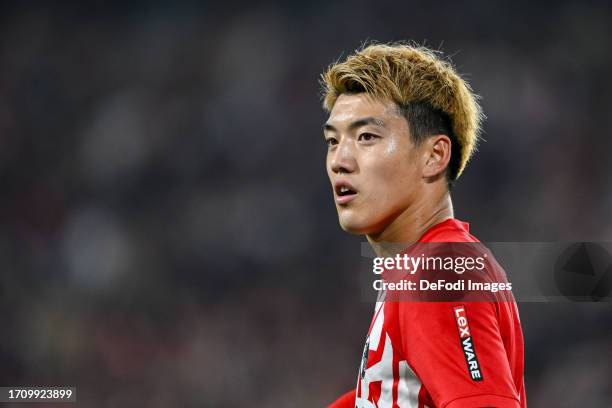 Ritsu Doan of SC Freiburg looks on during the UEFA Europa League match between Sport-Club Freiburg and West Ham United at Europa-Park Stadion on...