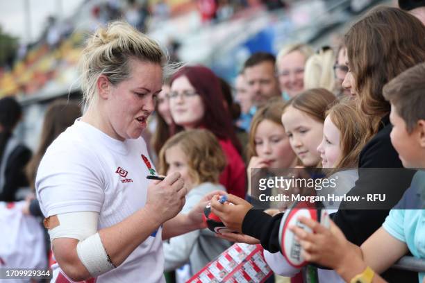 Marlie Packer of England interacts with spectators following the Women's International match between England Red Roses and Canada at StoneX Stadium...