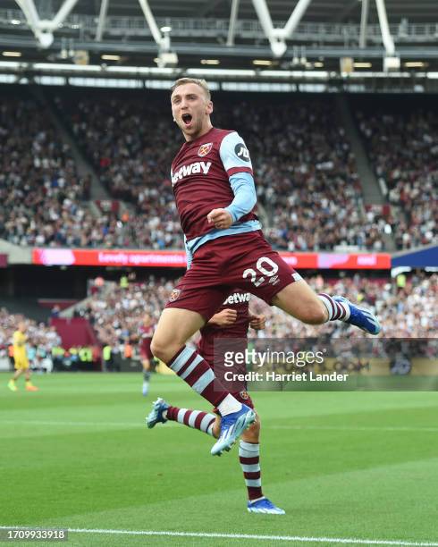 Jarrod Bowen of West Ham United celebrates after scoring his team's first goal during the Premier League match between West Ham United and Sheffield...