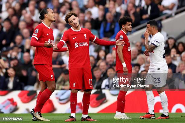 Curtis Jones of Liverpool reacts after being shown a red card during the Premier League match between Tottenham Hotspur and Liverpool FC at Tottenham...