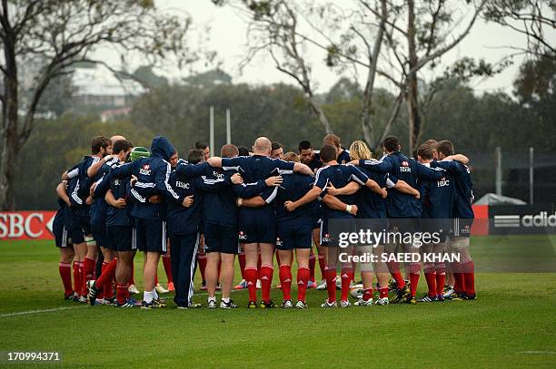 British and Irish Lions players have a meeting at a team training session during the captain's run in Brisbane on June 21, 2013. The Lions will play...