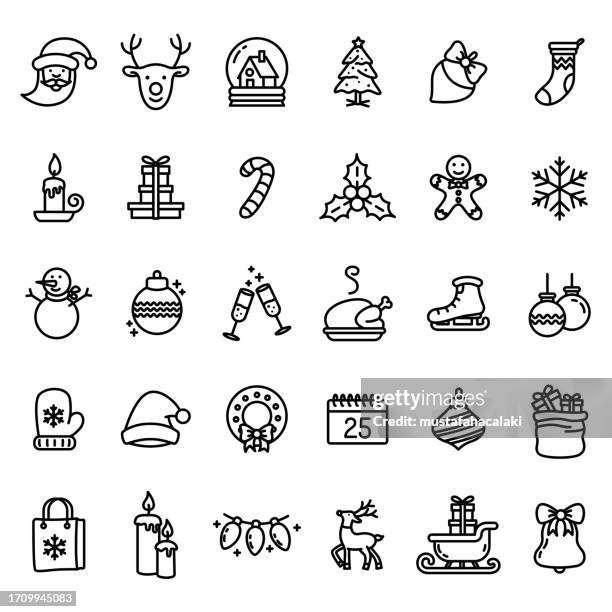ilustraciones, imágenes clip art, dibujos animados e iconos de stock de conjunto de iconos navideños de arte lineal - cartoon santa claus