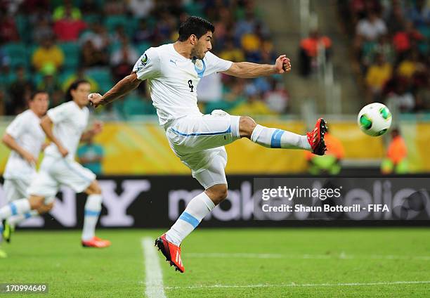 Luis Suarez of Uruguay in action during the FIFA Confederations Cup Brazil 2013 Group B match between Nigeria and Uruguay at Estadio Octavio...