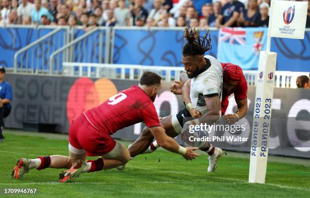 Waisea Nayacalevu of Fiji scores his team's first try during the Rugby World Cup France 2023 match between Fiji and Georgia at Nouveau Stade de...