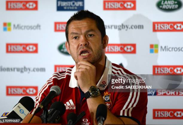 British and Irish Lions assistant coach Andy Farrell speaks at a press conference after the captain's run in Brisbane on June 21, 2013. The Lions...