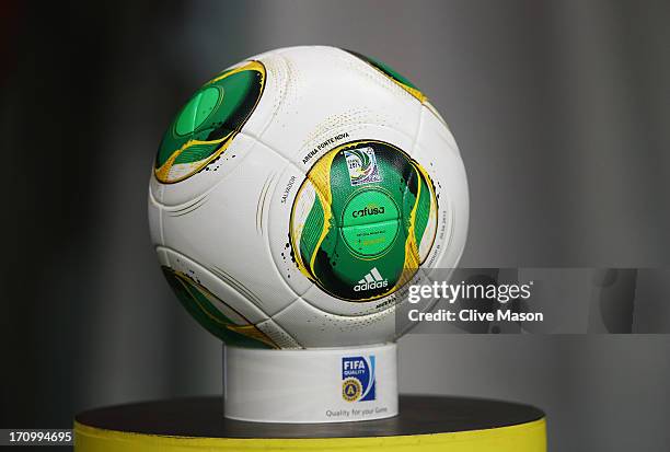 Match ball on display prior to the FIFA Confederations Cup Brazil 2013 Group B match between Nigeria and Uruguay at Estadio Octavio Mangabeira on...