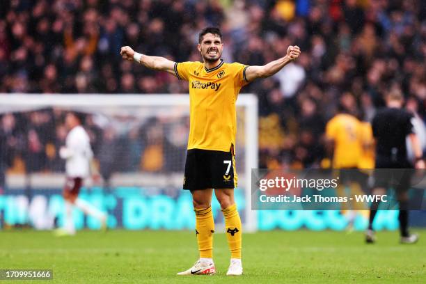 Pedro Neto of Wolverhampton Wanderers celebrates victory following the Premier League match between Wolverhampton Wanderers and Manchester City at...