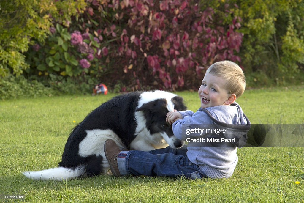 Happy boy plays with dog in garden