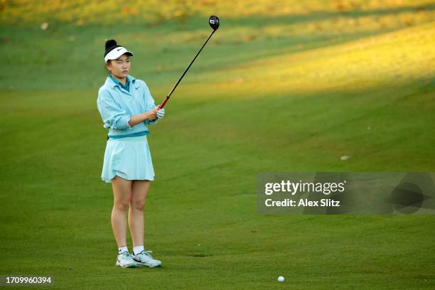 Lucy Li of the United States plays a shot on the second hole during the second round of the Walmart NW Arkansas Championship presented by P&G at...