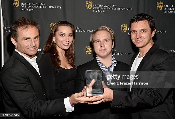 Actor Peter Arpesella, Tatiana DeKhtyar, cinematographer Benjamin Fischinger and actor Zack Sayenko, winners of the BAFTA LA Student Film Award,...