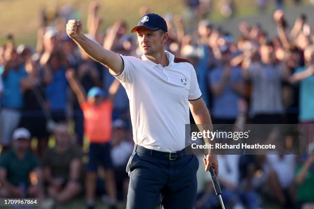 Justin Rose of Team Europe celebrates winning his match 3&2 during the Saturday afternoon fourball matches of the 2023 Ryder Cup at Marco Simone Golf...