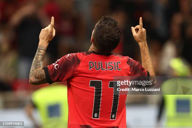Christian Pulisic of AC Milan celebrates after scoring the team's first goal during the Serie A TIM match between AC Milan and SS Lazio at Stadio...