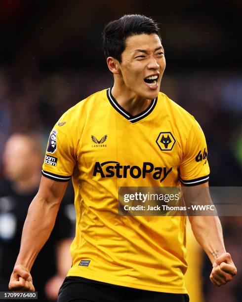 Hee-chan Hwang of Wolverhampton Wanderers celebrates after scoring his team's second goal during the Premier League match between Wolverhampton...