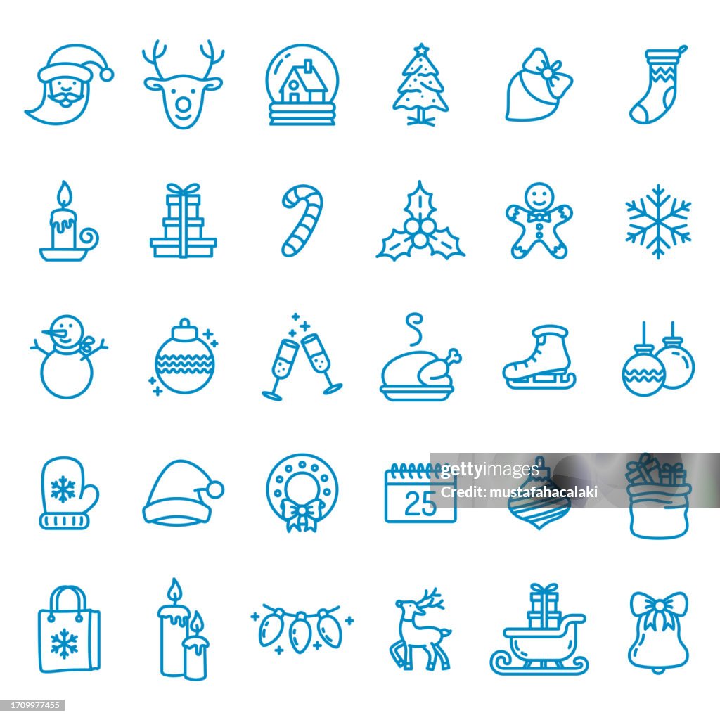 Blue line art Christmas icons set