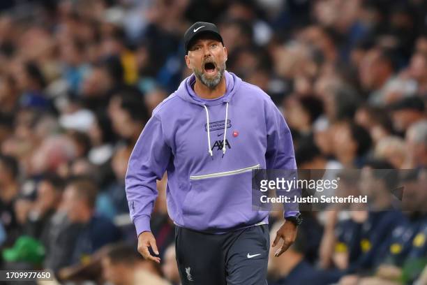 Juergen Klopp, Manager of Liverpool, reacts during the Premier League match between Tottenham Hotspur and Liverpool FC at Tottenham Hotspur Stadium...