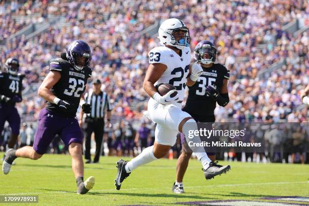 Trey Potts of the Penn State Nittany Lions scores a touchdown against the Northwestern Wildcats during the first half at Ryan Field on September 30,...