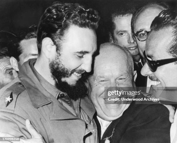 Jovial greeting takes place between Cuba's Prime MInister Fidel Castro and Soviet Union's Premier Nikita Khrushchev when they met at the United...