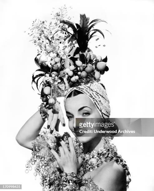 Singer, dancer, actress and movie star Carmen Miranda in one of her famous outfits, Hollywood, California, 1944.