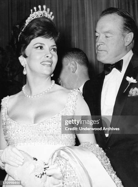 Bob Hope and Gina Lollobrigida at Time Magazine's 40th anniversary dinner at the Waldorf Astoria. The dinner honored some 300 eminent men and women...