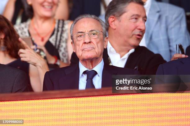 Florentino Perez, president of Real Madrid looks on prior to the LaLiga EA Sports match between Girona FC and Real Madrid CF at Montilivi Stadium on...