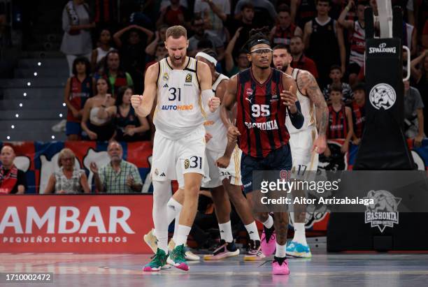 Dzanan Musa, #31 of Real Madrid reacts at the end of the 2023-24 Turkish Airlines EuroLeague Regular Season Round 1 game between Baskonia Vitoria...