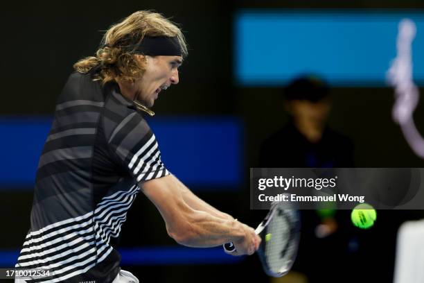 Alexander Zverev of Germany returns a shot during the Men's Singles Round of 16 match against Alejandro Davidovich Fokina of Spain on day 5 of the...