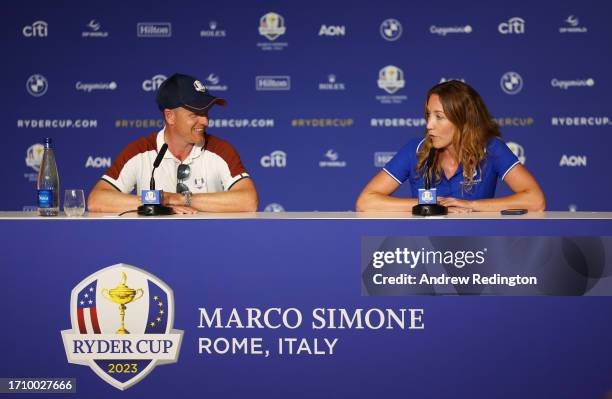 Luke Donald, Captain of Team Europe speaks during a press conference after the Saturday afternoon fourball matches of the 2023 Ryder Cup at Marco...