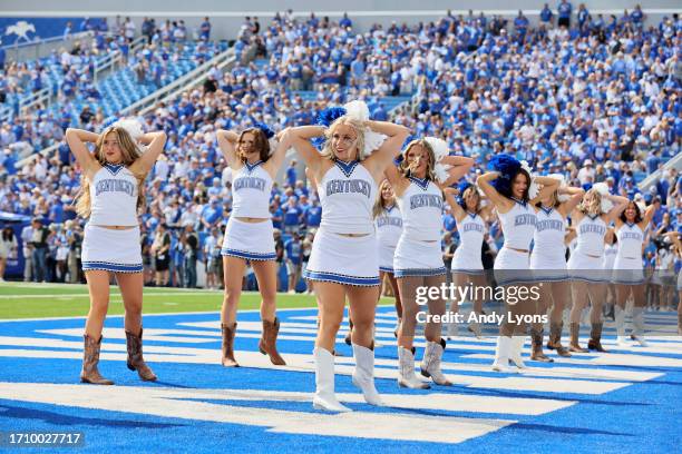 Kentucky Wildcats cheerleaders perform against the Florida Gators at Kroger Field on September 30, 2023 in Lexington, Kentucky.