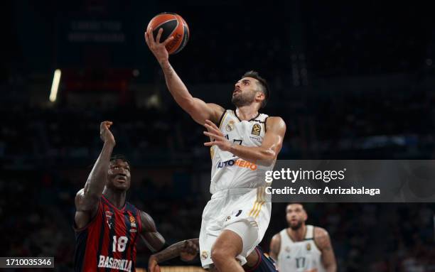 Facundo Campazzo, #7 of Real Madrid in action during the 2023-24 Turkish Airlines EuroLeague Regular Season Round 1 game between Baskonia Vitoria...