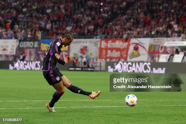 Leroy Sane of Bayern Munich scores the team's second goal during the Bundesliga match between RB Leipzig and FC Bayern München at Red Bull Arena on...